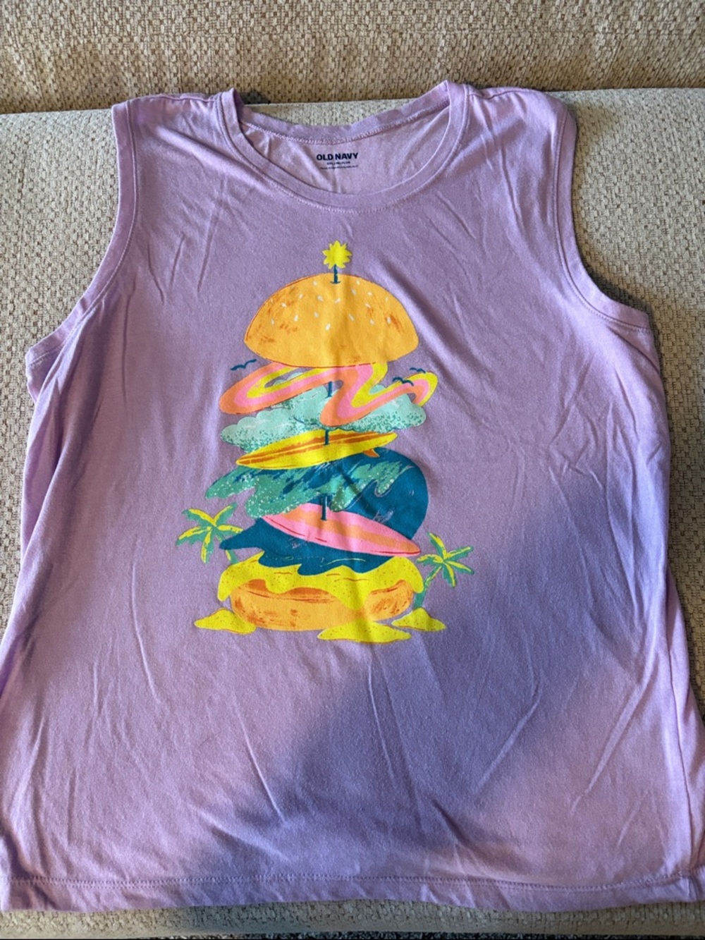 Old Navy Lavender Tank with Colorful Tropical Stack Graphic
